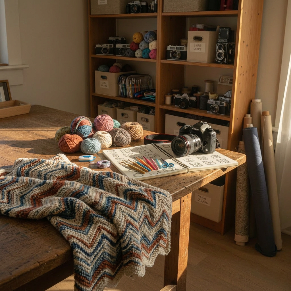 photography, crafts An inviting corner of a home studio featuring a sturdy wooden worktable draped with partially folded, hand-printed textiles in indigo, rust, and cream. A high-quality DSLR camera with a prime lens rests on an open sketchbook filled with small pattern drawings. Behind, wooden shelves hold neatly rolled fabrics, spools of thread, and labeled storage boxes. Warm late-afternoon light streams through an unseen window, casting elongated shadows and a golden glow across the scene. Captured at eye level with photographic realism, using the rule of thirds to emphasize both the camera and the textiles. The atmosphere feels cozy, lived-in, and quietly ambitious, reflecting a sophisticated, independent creative life.