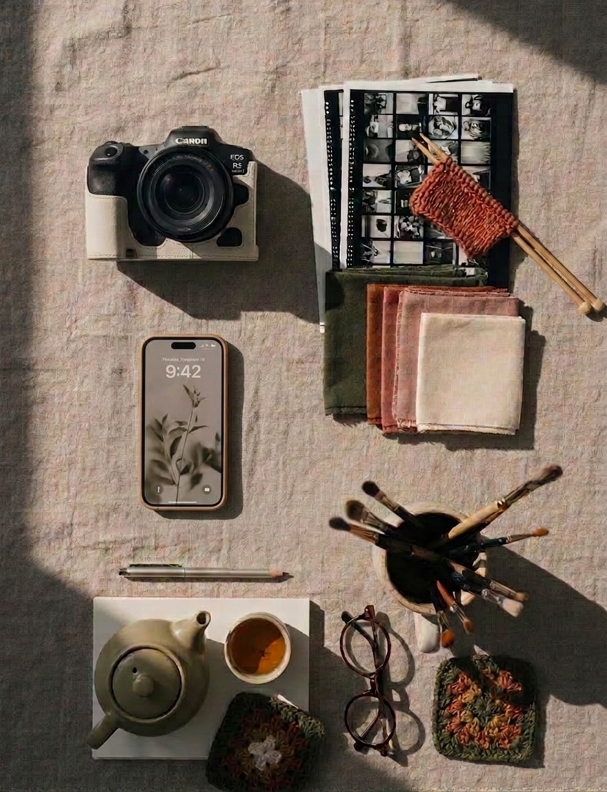 A meticulously arranged flat-lay of a handcrafted photography workspace on a natural linen tablecloth. A vintage medium-format camera with worn leather casing rests beside a sleek modern mirrorless camera, both surrounded by neatly stacked contact sheets, fabric swatches in muted earth tones, and a small ceramic cup of paintbrushes. Soft morning window light falls from the left, creating gentle shadows and highlighting the textures of metal, glass, and woven fibers. Shot in photographic realism from directly overhead with a shallow depth of field, the edges softly blurred. The mood is calm, organized, and sophisticated, suggesting a seasoned artist’s quiet studio at home, with a clean, contemporary aesthetic and cozy, independent atmosphere.